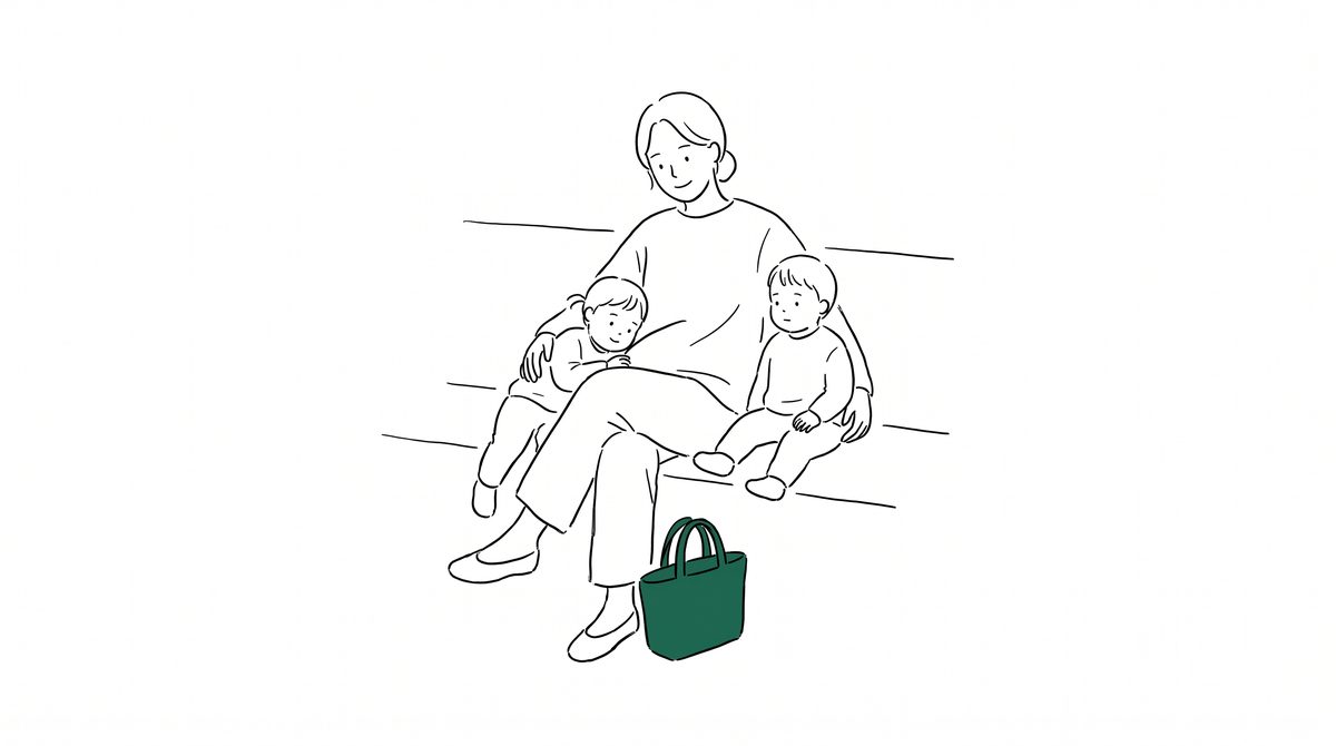 대기실 의자에 쌍둥이와 함께 앉은 엄마 라인 일러스트