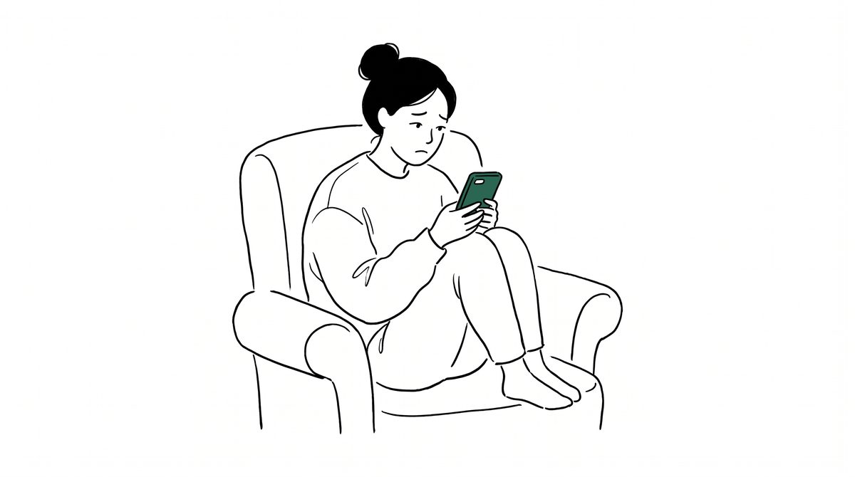 소파에 앉아 휴대전화를 바라보는 여성 라인 일러스트