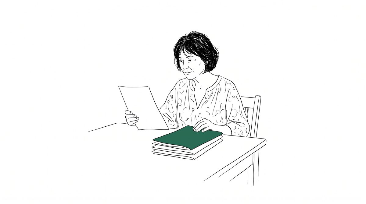 책상에서 서류 한 장과 서류 묶음을 함께 보는 여성 라인 일러스트