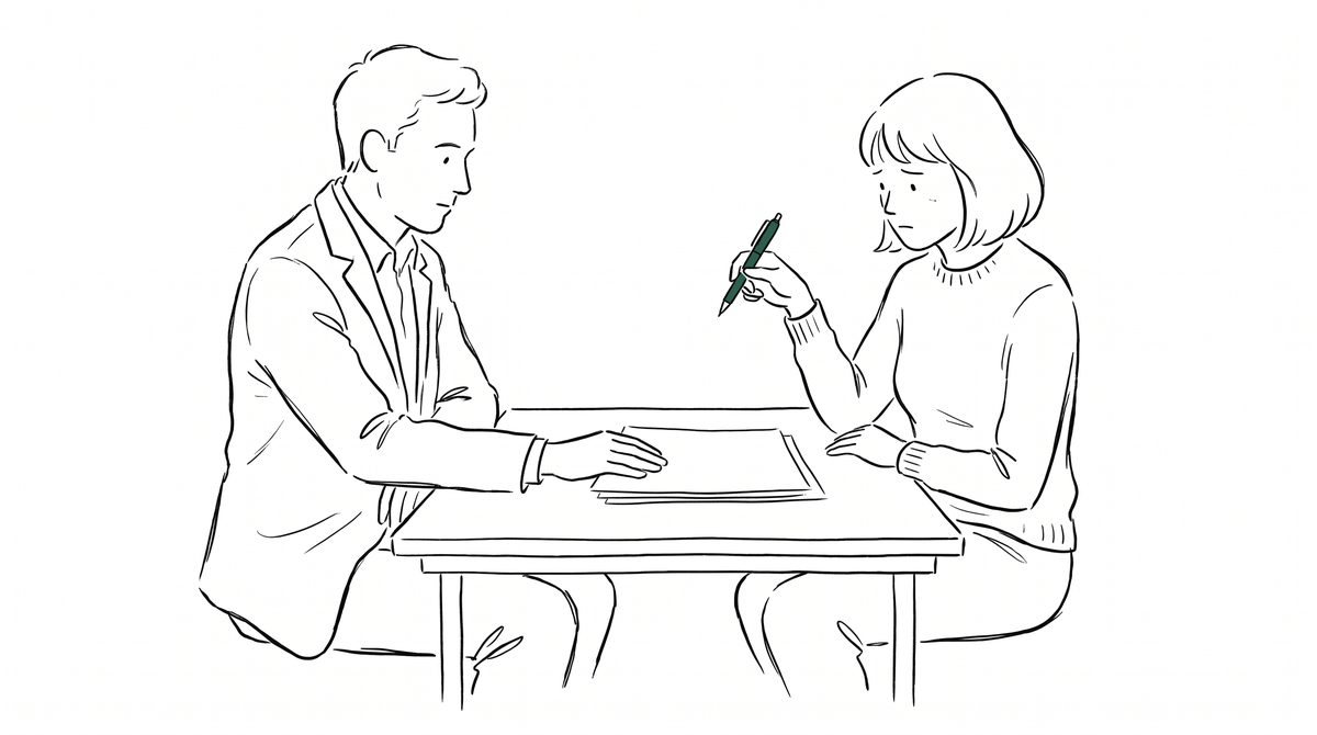 서류를 미는 남성 앞에서 펜을 든 채 멈춘 여성 라인 일러스트