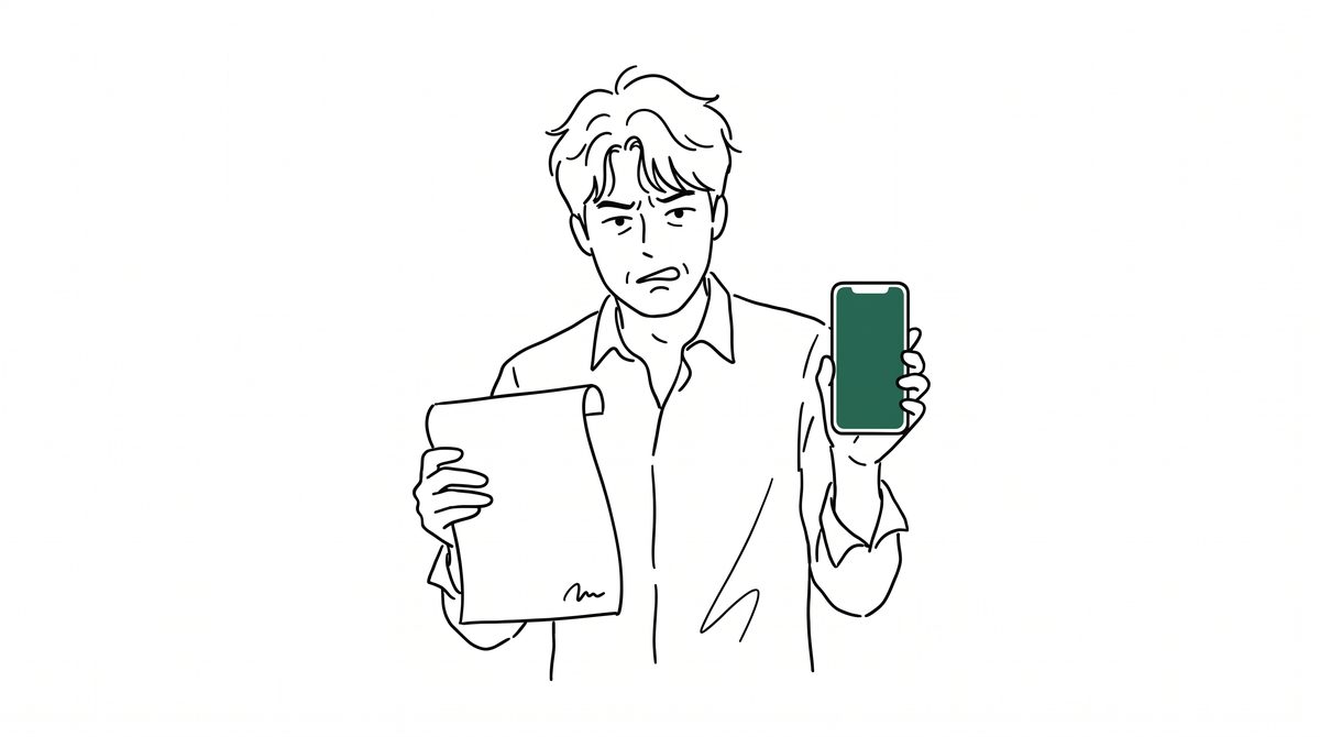합의서를 들고 휴대전화를 보는 남성 라인 일러스트