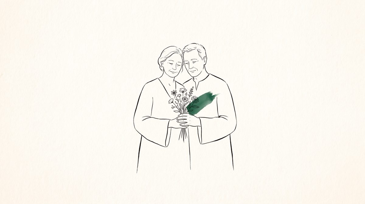꽃다발을 든 채 서 있는 부모 라인 일러스트