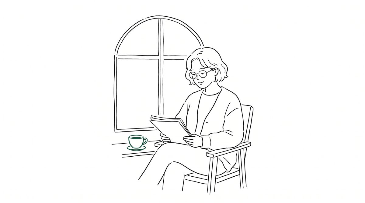 창가에서 서류를 보는 여성 라인 일러스트