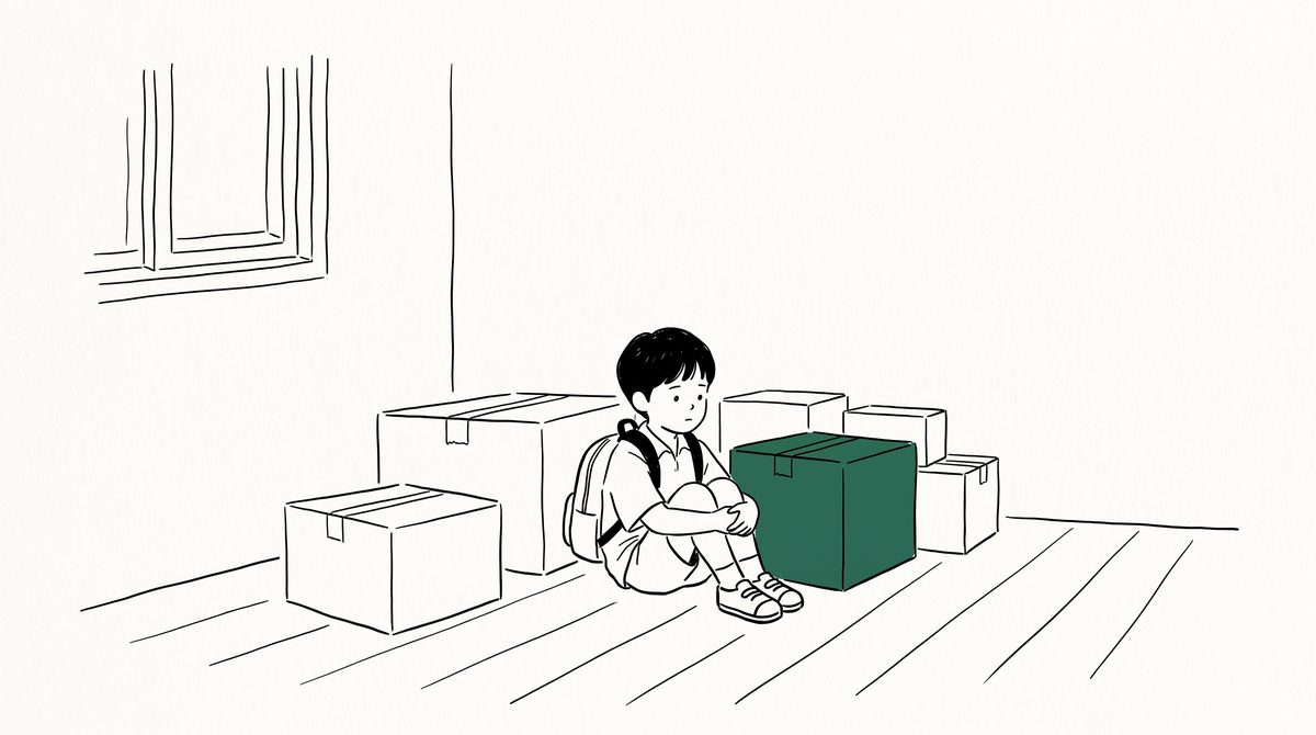 이삿짐 상자 사이에 앉은 아이 라인 일러스트
