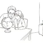 거실에서 딸과 함께 지구본을 보는 아버지 일러스트